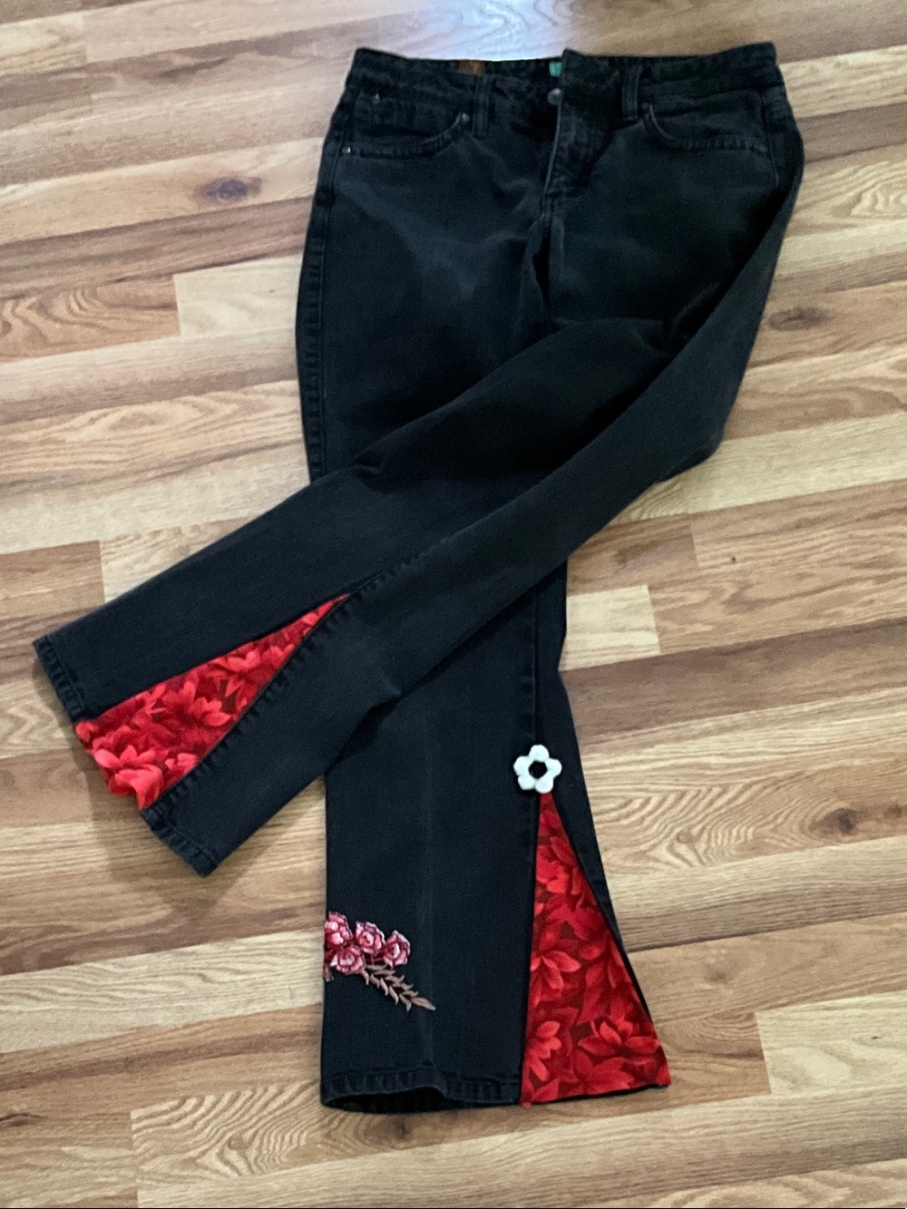 Black Flare Jeans with Red Floral Inset and Rose Embroidery